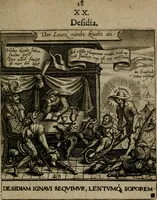 Picture 24 of 72 from Proscenivm vitæ hvmanæ, siue Emblematvm secvlarivm, ivcvndissima, & artificiosissima varietate vitæ hvmanæ & seculi huius deprauati mores, ac studia peruersissima adumbrantium: et Latinis versibvs, explicatorum, decades septem multis figuris adauctæ, & in vsum studiosæ inprimis iuuentutis ita adornatæ vt instar albi amicorvm sodalitatum symbolis, & insigniis conscribendis depingendisq; inseruire commode possint (1627), leaf 58
