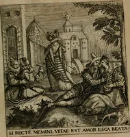 Picture 28 of 72 from Proscenivm vitæ hvmanæ, siue Emblematvm secvlarivm, ivcvndissima, & artificiosissima varietate vitæ hvmanæ & seculi huius deprauati mores, ac studia peruersissima adumbrantium: et Latinis versibvs, explicatorum, decades septem multis figuris adauctæ, & in vsum studiosæ inprimis iuuentutis ita adornatæ vt instar albi amicorvm sodalitatum symbolis, & insigniis conscribendis depingendisq; inseruire commode possint (1627), leaf 66