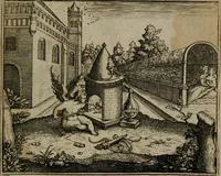 Picture 29 of 72 from Proscenivm vitæ hvmanæ, siue Emblematvm secvlarivm, ivcvndissima, & artificiosissima varietate vitæ hvmanæ & seculi huius deprauati mores, ac studia peruersissima adumbrantium: et Latinis versibvs, explicatorum, decades septem multis figuris adauctæ, & in vsum studiosæ inprimis iuuentutis ita adornatæ vt instar albi amicorvm sodalitatum symbolis, & insigniis conscribendis depingendisq; inseruire commode possint (1627), leaf 68