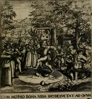 Picture 34 of 72 from Proscenivm vitæ hvmanæ, siue Emblematvm secvlarivm, ivcvndissima, & artificiosissima varietate vitæ hvmanæ & seculi huius deprauati mores, ac studia peruersissima adumbrantium: et Latinis versibvs, explicatorum, decades septem multis figuris adauctæ, & in vsum studiosæ inprimis iuuentutis ita adornatæ vt instar albi amicorvm sodalitatum symbolis, & insigniis conscribendis depingendisq; inseruire commode possint (1627), leaf 78