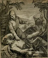 Picture 38 of 72 from Proscenivm vitæ hvmanæ, siue Emblematvm secvlarivm, ivcvndissima, & artificiosissima varietate vitæ hvmanæ & seculi huius deprauati mores, ac studia peruersissima adumbrantium: et Latinis versibvs, explicatorum, decades septem multis figuris adauctæ, & in vsum studiosæ inprimis iuuentutis ita adornatæ vt instar albi amicorvm sodalitatum symbolis, & insigniis conscribendis depingendisq; inseruire commode possint (1627), leaf 86