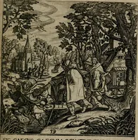 Picture 41 of 72 from Proscenivm vitæ hvmanæ, siue Emblematvm secvlarivm, ivcvndissima, & artificiosissima varietate vitæ hvmanæ & seculi huius deprauati mores, ac studia peruersissima adumbrantium: et Latinis versibvs, explicatorum, decades septem multis figuris adauctæ, & in vsum studiosæ inprimis iuuentutis ita adornatæ vt instar albi amicorvm sodalitatum symbolis, & insigniis conscribendis depingendisq; inseruire commode possint (1627), leaf 92