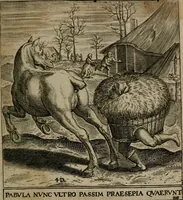 Picture 43 of 72 from Proscenivm vitæ hvmanæ, siue Emblematvm secvlarivm, ivcvndissima, & artificiosissima varietate vitæ hvmanæ & seculi huius deprauati mores, ac studia peruersissima adumbrantium: et Latinis versibvs, explicatorum, decades septem multis figuris adauctæ, & in vsum studiosæ inprimis iuuentutis ita adornatæ vt instar albi amicorvm sodalitatum symbolis, & insigniis conscribendis depingendisq; inseruire commode possint (1627), leaf 96