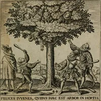 Picture 44 of 72 from Proscenivm vitæ hvmanæ, siue Emblematvm secvlarivm, ivcvndissima, & artificiosissima varietate vitæ hvmanæ & seculi huius deprauati mores, ac studia peruersissima adumbrantium: et Latinis versibvs, explicatorum, decades septem multis figuris adauctæ, & in vsum studiosæ inprimis iuuentutis ita adornatæ vt instar albi amicorvm sodalitatum symbolis, & insigniis conscribendis depingendisq; inseruire commode possint (1627), leaf 98