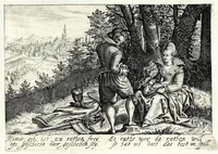 An illustration from Pugillus facetiarum iconographicaru[m] in studiosorum potissimum gratiam ex propijs eorundem albis desumptarum et iam primum hac forma editarum = Allerhand kurtzweilige Stücklein, allen Studenten furnemblich zu lieb auss ihren eigenen Stammbüchern zusamen gelesen und in dise Form gebracht zu Strasburg (1618)