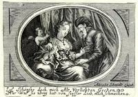 An illustration from Pugillus facetiarum iconographicaru[m] in studiosorum potissimum gratiam ex propijs eorundem albis desumptarum et iam primum hac forma editarum = Allerhand kurtzweilige Stücklein, allen Studenten furnemblich zu lieb auss ihren eigenen Stammbüchern zusamen gelesen und in dise Form gebracht zu Strasburg (1618)