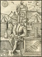 An illustration from Quinta essentia, das ist, Die höchste Subtilitet, Krafft vnd Wirckung, beyder der fürtrefflichsten, vnd menschlichem Geschlecht am nützlichsten Künsten, der Medicin vnd Alchemy : auch wie nahe diese beyde mit Sipschafft gefreund vnd verwandt sind, vnd das eine ohn beystandt der andern nicht nütz sey, oder in den menschlichen Cörpern zu wircken kein Krafft habe : Vergleichung der alten und newen Medicin, vnd wie alle Subtiliteten ausgezogen, die Element geschieden, alle Corpora gemutirt ... : jetzt von newem, sampt Eröffnung der vertunckelten Sententz, Wort vnd Namen, gemehret vnd gebessert (1574)