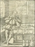 An illustration from Quinta essentia, das ist, Die höchste Subtilitet, Krafft vnd Wirckung, beyder der fürtrefflichsten, vnd menschlichem Geschlecht am nützlichsten Künsten, der Medicin vnd Alchemy : auch wie nahe diese beyde mit Sipschafft gefreund vnd verwandt sind, vnd das eine ohn beystandt der andern nicht nütz sey, oder in den menschlichen Cörpern zu wircken kein Krafft habe : Vergleichung der alten und newen Medicin, vnd wie alle Subtiliteten ausgezogen, die Element geschieden, alle Corpora gemutirt ... : jetzt von newem, sampt Eröffnung der vertunckelten Sententz, Wort vnd Namen, gemehret vnd gebessert (1574)