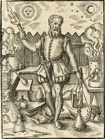 An illustration from Quinta essentia, das ist, Die höchste Subtilitet, Krafft vnd Wirckung, beyder der fürtrefflichsten, vnd menschlichem Geschlecht am nützlichsten Künsten, der Medicin vnd Alchemy : auch wie nahe diese beyde mit Sipschafft gefreund vnd verwandt sind, vnd das eine ohn beystandt der andern nicht nütz sey, oder in den menschlichen Cörpern zu wircken kein Krafft habe : Vergleichung der alten und newen Medicin, vnd wie alle Subtiliteten ausgezogen, die Element geschieden, alle Corpora gemutirt ... : jetzt von newem, sampt Eröffnung der vertunckelten Sententz, Wort vnd Namen, gemehret vnd gebessert (1574)