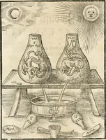 An illustration from Quinta essentia, das ist, Die höchste Subtilitet, Krafft vnd Wirckung, beyder der fürtrefflichsten, vnd menschlichem Geschlecht am nützlichsten Künsten, der Medicin vnd Alchemy : auch wie nahe diese beyde mit Sipschafft gefreund vnd verwandt sind, vnd das eine ohn beystandt der andern nicht nütz sey, oder in den menschlichen Cörpern zu wircken kein Krafft habe : Vergleichung der alten und newen Medicin, vnd wie alle Subtiliteten ausgezogen, die Element geschieden, alle Corpora gemutirt ... : jetzt von newem, sampt Eröffnung der vertunckelten Sententz, Wort vnd Namen, gemehret vnd gebessert (1574)