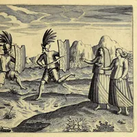 An illustration from Quinta pars Indiae Orientalis: Quâ continetur vera & accurata descriptio vniuersae nauigationis illius, quam Hollandi cum octonis nauibus in terras orientales, praecipuè verò in Iauanas & Moluccanas Insulas, Bantam, Bandam & Ternatem, &c. susceperunt: : qui An. 1598. Amstelredamo soluentes, partim postero anno 1599. partim hunc sequente 1600 cum ingentibus diuitiis, piperis nucum myristicarum, garyophyllorum, & caeterorum pretiosorum aromatum, feliciter confecto itinere redierunt: vbi iuxtà, quaecunque in itinere ab ipsis gesta, visa & obseruata sunt, sigillatim percensentur. (1601)