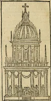 An illustration from Raccolta d'orationi et rime di diversi : co'l discorso, descrittione dell'essequie, e disegno del catafalco nella morte dell'illustriss. & reuerendiss. cardinal Farnese (1589)