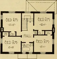 An illustration from Radford's brick houses and how to build them : a standard collection of new, original, and artistic designs for brick houses, apartments, stores and flats, garages, etc. ; together with complete instruction in the manufacture of brick and its practical uses as a building material selected and compiled by William A. Radford ... Every plan designed and executed by a corps of licensed architects of the highest professional standing, assisted by a staff of expert draftsmen. Over 300 designs and details. (1912)
