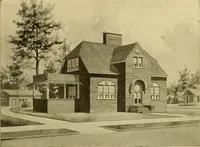 An illustration from Radford's brick houses and how to build them : a standard collection of new, original, and artistic designs for brick houses, apartments, stores and flats, garages, etc. ; together with complete instruction in the manufacture of brick and its practical uses as a building material selected and compiled by William A. Radford ... Every plan designed and executed by a corps of licensed architects of the highest professional standing, assisted by a staff of expert draftsmen. Over 300 designs and details. (1912)
