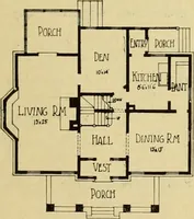 An illustration from Radford's brick houses and how to build them : a standard collection of new, original, and artistic designs for brick houses, apartments, stores and flats, garages, etc. ; together with complete instruction in the manufacture of brick and its practical uses as a building material selected and compiled by William A. Radford ... Every plan designed and executed by a corps of licensed architects of the highest professional standing, assisted by a staff of expert draftsmen. Over 300 designs and details. (1912)