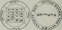 An illustration from Raphael's ancient manuscript of talismanic magic, containing nearly one hundred rare talismanic diagrams, seals of spirits, charms, magical squares, and pentacles for orations and invocation of elementary spirits, and the magical ritual of their conjuration. Explaining their influence and hidden powers. Recondite wisdom, by Raphael (1916)