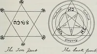 An illustration from Raphael's ancient manuscript of talismanic magic, containing nearly one hundred rare talismanic diagrams, seals of spirits, charms, magical squares, and pentacles for orations and invocation of elementary spirits, and the magical ritual of their conjuration. Explaining their influence and hidden powers. Recondite wisdom, by Raphael (1916)