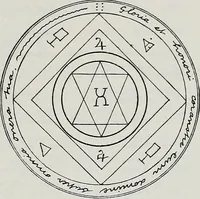 An illustration from Raphael's ancient manuscript of talismanic magic, containing nearly one hundred rare talismanic diagrams, seals of spirits, charms, magical squares, and pentacles for orations and invocation of elementary spirits, and the magical ritual of their conjuration. Explaining their influence and hidden powers. Recondite wisdom, by Raphael (1916)