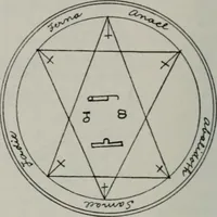 An illustration from Raphael's ancient manuscript of talismanic magic, containing nearly one hundred rare talismanic diagrams, seals of spirits, charms, magical squares, and pentacles for orations and invocation of elementary spirits, and the magical ritual of their conjuration. Explaining their influence and hidden powers. Recondite wisdom, by Raphael (1916)