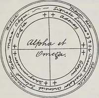 An illustration from Raphael's ancient manuscript of talismanic magic, containing nearly one hundred rare talismanic diagrams, seals of spirits, charms, magical squares, and pentacles for orations and invocation of elementary spirits, and the magical ritual of their conjuration. Explaining their influence and hidden powers. Recondite wisdom, by Raphael (1916)