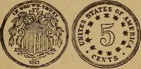An illustration from The rare coins of America, England, Ireland, Scotland, France, Germany, and Spain ... a complete list of and prices paid for rare American ... coins, fractional currency, colonial, continental and Confederate paper money; a list of all counterfeit U. S. Treasury and national bank notes and Canadian banks notes, and how to detect them; the market value of all nations' coins and bank notes in U.S. money; a list of and prices paid for rare English, Irish, Scotch, French, German and Spanish coins. Illustrated with about 150 cuts (1889)