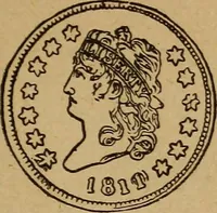 An illustration from The rare coins of America, England, Ireland, Scotland, France, Germany, and Spain ... a complete list of and prices paid for rare American ... coins, fractional currency, colonial, continental and Confederate paper money; a list of all counterfeit U. S. Treasury and national bank notes and Canadian banks notes, and how to detect them; the market value of all nations' coins and bank notes in U.S. money; a list of and prices paid for rare English, Irish, Scotch, French, German and Spanish coins. Illustrated with about 150 cuts (1889)
