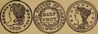 An illustration from The rare coins of America, England, Ireland, Scotland, France, Germany, and Spain ... a complete list of and prices paid for rare American ... coins, fractional currency, colonial, continental and Confederate paper money; a list of all counterfeit U. S. Treasury and national bank notes and Canadian banks notes, and how to detect them; the market value of all nations' coins and bank notes in U.S. money; a list of and prices paid for rare English, Irish, Scotch, French, German and Spanish coins. Illustrated with about 150 cuts (1889)