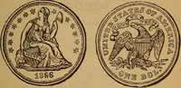 An illustration from The rare coins of America, England, Ireland, Scotland, France, Germany, and Spain ... a complete list of and prices paid for rare American ... coins, fractional currency, colonial, continental and Confederate paper money; a list of all counterfeit U. S. Treasury and national bank notes and Canadian banks notes, and how to detect them; the market value of all nations' coins and bank notes in U.S. money; a list of and prices paid for rare English, Irish, Scotch, French, German and Spanish coins. Illustrated with about 150 cuts (1889)