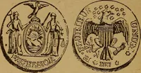An illustration from The rare coins of America, England, Ireland, Scotland, France, Germany, and Spain ... a complete list of and prices paid for rare American ... coins, fractional currency, colonial, continental and Confederate paper money; a list of all counterfeit U. S. Treasury and national bank notes and Canadian banks notes, and how to detect them; the market value of all nations' coins and bank notes in U.S. money; a list of and prices paid for rare English, Irish, Scotch, French, German and Spanish coins. Illustrated with about 150 cuts (1889)