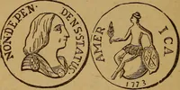 An illustration from The rare coins of America, England, Ireland, Scotland, France, Germany, and Spain ... a complete list of and prices paid for rare American ... coins, fractional currency, colonial, continental and Confederate paper money; a list of all counterfeit U. S. Treasury and national bank notes and Canadian banks notes, and how to detect them; the market value of all nations' coins and bank notes in U.S. money; a list of and prices paid for rare English, Irish, Scotch, French, German and Spanish coins. Illustrated with about 150 cuts (1889)