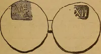 An illustration from The rare coins of America, England, Ireland, Scotland, France, Germany, and Spain ... a complete list of and prices paid for rare American ... coins, fractional currency, colonial, continental and Confederate paper money; a list of all counterfeit U. S. Treasury and national bank notes and Canadian banks notes, and how to detect them; the market value of all nations' coins and bank notes in U.S. money; a list of and prices paid for rare English, Irish, Scotch, French, German and Spanish coins. Illustrated with about 150 cuts (1889)