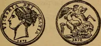 An illustration from The rare coins of America, England, Ireland, Scotland, France, Germany, and Spain ... a complete list of and prices paid for rare American ... coins, fractional currency, colonial, continental and Confederate paper money; a list of all counterfeit U. S. Treasury and national bank notes and Canadian banks notes, and how to detect them; the market value of all nations' coins and bank notes in U.S. money; a list of and prices paid for rare English, Irish, Scotch, French, German and Spanish coins. Illustrated with about 150 cuts (1889)