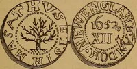 An illustration from The rare coins of America, England, Ireland, Scotland, France, Germany, and Spain ... a complete list of and prices paid for rare American ... coins, fractional currency, colonial, continental and Confederate paper money; a list of all counterfeit U. S. Treasury and national bank notes and Canadian banks notes, and how to detect them; the market value of all nations' coins and bank notes in U.S. money; a list of and prices paid for rare English, Irish, Scotch, French, German and Spanish coins. Illustrated with about 150 cuts (1889)