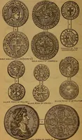An illustration from The rare coins of America, England, Ireland, Scotland, France, Germany, and Spain ... a complete list of and prices paid for rare American ... coins, fractional currency, colonial, continental and Confederate paper money; a list of all counterfeit U. S. Treasury and national bank notes and Canadian banks notes, and how to detect them; the market value of all nations' coins and bank notes in U.S. money; a list of and prices paid for rare English, Irish, Scotch, French, German and Spanish coins. Illustrated with about 150 cuts (1889)