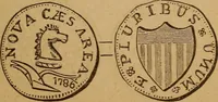An illustration from The rare coins of America, England, Ireland, Scotland, France, Germany, and Spain ... a complete list of and prices paid for rare American ... coins, fractional currency, colonial, continental and Confederate paper money; a list of all counterfeit U. S. Treasury and national bank notes and Canadian banks notes, and how to detect them; the market value of all nations' coins and bank notes in U.S. money; a list of and prices paid for rare English, Irish, Scotch, French, German and Spanish coins. Illustrated with about 150 cuts (1889)
