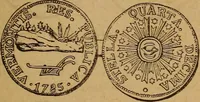 An illustration from The rare coins of America, England, Ireland, Scotland, France, Germany, and Spain ... a complete list of and prices paid for rare American ... coins, fractional currency, colonial, continental and Confederate paper money; a list of all counterfeit U. S. Treasury and national bank notes and Canadian banks notes, and how to detect them; the market value of all nations' coins and bank notes in U.S. money; a list of and prices paid for rare English, Irish, Scotch, French, German and Spanish coins. Illustrated with about 150 cuts (1889)