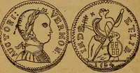 An illustration from The rare coins of America, England, Ireland, Scotland, France, Germany, and Spain ... a complete list of and prices paid for rare American ... coins, fractional currency, colonial, continental and Confederate paper money; a list of all counterfeit U. S. Treasury and national bank notes and Canadian banks notes, and how to detect them; the market value of all nations' coins and bank notes in U.S. money; a list of and prices paid for rare English, Irish, Scotch, French, German and Spanish coins. Illustrated with about 150 cuts (1889)