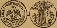 An illustration from The rare coins of America, England, Ireland, Scotland, France, Germany, and Spain ... a complete list of and prices paid for rare American ... coins, fractional currency, colonial, continental and Confederate paper money; a list of all counterfeit U. S. Treasury and national bank notes and Canadian banks notes, and how to detect them; the market value of all nations' coins and bank notes in U.S. money; a list of and prices paid for rare English, Irish, Scotch, French, German and Spanish coins. Illustrated with about 150 cuts (1889)