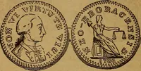 An illustration from The rare coins of America, England, Ireland, Scotland, France, Germany, and Spain ... a complete list of and prices paid for rare American ... coins, fractional currency, colonial, continental and Confederate paper money; a list of all counterfeit U. S. Treasury and national bank notes and Canadian banks notes, and how to detect them; the market value of all nations' coins and bank notes in U.S. money; a list of and prices paid for rare English, Irish, Scotch, French, German and Spanish coins. Illustrated with about 150 cuts (1889)
