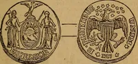 An illustration from The rare coins of America, England, Ireland, Scotland, France, Germany, and Spain ... a complete list of and prices paid for rare American ... coins, fractional currency, colonial, continental and Confederate paper money; a list of all counterfeit U. S. Treasury and national bank notes and Canadian banks notes, and how to detect them; the market value of all nations' coins and bank notes in U.S. money; a list of and prices paid for rare English, Irish, Scotch, French, German and Spanish coins. Illustrated with about 150 cuts (1889)