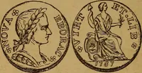 An illustration from The rare coins of America, England, Ireland, Scotland, France, Germany, and Spain ... a complete list of and prices paid for rare American ... coins, fractional currency, colonial, continental and Confederate paper money; a list of all counterfeit U. S. Treasury and national bank notes and Canadian banks notes, and how to detect them; the market value of all nations' coins and bank notes in U.S. money; a list of and prices paid for rare English, Irish, Scotch, French, German and Spanish coins. Illustrated with about 150 cuts (1889)