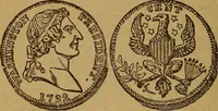 An illustration from The rare coins of America, England, Ireland, Scotland, France, Germany, and Spain ... a complete list of and prices paid for rare American ... coins, fractional currency, colonial, continental and Confederate paper money; a list of all counterfeit U. S. Treasury and national bank notes and Canadian banks notes, and how to detect them; the market value of all nations' coins and bank notes in U.S. money; a list of and prices paid for rare English, Irish, Scotch, French, German and Spanish coins. Illustrated with about 150 cuts (1889)