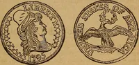 An illustration from The rare coins of America, England, Ireland, Scotland, France, Germany, and Spain ... a complete list of and prices paid for rare American ... coins, fractional currency, colonial, continental and Confederate paper money; a list of all counterfeit U. S. Treasury and national bank notes and Canadian banks notes, and how to detect them; the market value of all nations' coins and bank notes in U.S. money; a list of and prices paid for rare English, Irish, Scotch, French, German and Spanish coins. Illustrated with about 150 cuts (1889)