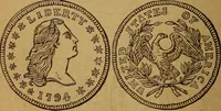 An illustration from The rare coins of America, England, Ireland, Scotland, France, Germany, and Spain ... a complete list of and prices paid for rare American ... coins, fractional currency, colonial, continental and Confederate paper money; a list of all counterfeit U. S. Treasury and national bank notes and Canadian banks notes, and how to detect them; the market value of all nations' coins and bank notes in U.S. money; a list of and prices paid for rare English, Irish, Scotch, French, German and Spanish coins. Illustrated with about 150 cuts (1889)