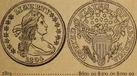 An illustration from The rare coins of America, England, Ireland, Scotland, France, Germany, and Spain ... a complete list of and prices paid for rare American ... coins, fractional currency, colonial, continental and Confederate paper money; a list of all counterfeit U. S. Treasury and national bank notes and Canadian banks notes, and how to detect them; the market value of all nations' coins and bank notes in U.S. money; a list of and prices paid for rare English, Irish, Scotch, French, German and Spanish coins. Illustrated with about 150 cuts (1889)