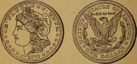 An illustration from The rare coins of America, England, Ireland, Scotland, France, Germany, and Spain ... a complete list of and prices paid for rare American ... coins, fractional currency, colonial, continental and Confederate paper money; a list of all counterfeit U. S. Treasury and national bank notes and Canadian banks notes, and how to detect them; the market value of all nations' coins and bank notes in U.S. money; a list of and prices paid for rare English, Irish, Scotch, French, German and Spanish coins. Illustrated with about 150 cuts (1889)