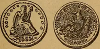 An illustration from The rare coins of America, England, Ireland, Scotland, France, Germany, and Spain ... a complete list of and prices paid for rare American ... coins, fractional currency, colonial, continental and Confederate paper money; a list of all counterfeit U. S. Treasury and national bank notes and Canadian banks notes, and how to detect them; the market value of all nations' coins and bank notes in U.S. money; a list of and prices paid for rare English, Irish, Scotch, French, German and Spanish coins. Illustrated with about 150 cuts (1889)