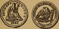 An illustration from The rare coins of America, England, Ireland, Scotland, France, Germany, and Spain ... a complete list of and prices paid for rare American ... coins, fractional currency, colonial, continental and Confederate paper money; a list of all counterfeit U. S. Treasury and national bank notes and Canadian banks notes, and how to detect them; the market value of all nations' coins and bank notes in U.S. money; a list of and prices paid for rare English, Irish, Scotch, French, German and Spanish coins. Illustrated with about 150 cuts (1889)