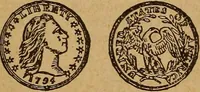 An illustration from The rare coins of America, England, Ireland, Scotland, France, Germany, and Spain ... a complete list of and prices paid for rare American ... coins, fractional currency, colonial, continental and Confederate paper money; a list of all counterfeit U. S. Treasury and national bank notes and Canadian banks notes, and how to detect them; the market value of all nations' coins and bank notes in U.S. money; a list of and prices paid for rare English, Irish, Scotch, French, German and Spanish coins. Illustrated with about 150 cuts (1889)