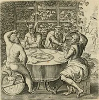 An illustration from Recht ghebruyck ende misbruyck van tydlicke have : welckers sin-rijcke af-beeldingen van D.V. Coornhert zyn bedacht, oock met zyn eygen hand in 't koper gesneden : hier by is gevoegt 't bedrogh des wereldts, of het luije en leckere leven door Pandolphus Collenutius, mede den lof-zang van 't goud, oock gedichten op den A.B.C. alles in seer leer-lycken dicht seer stichtelyck en vermakelyck gestelt (1620)